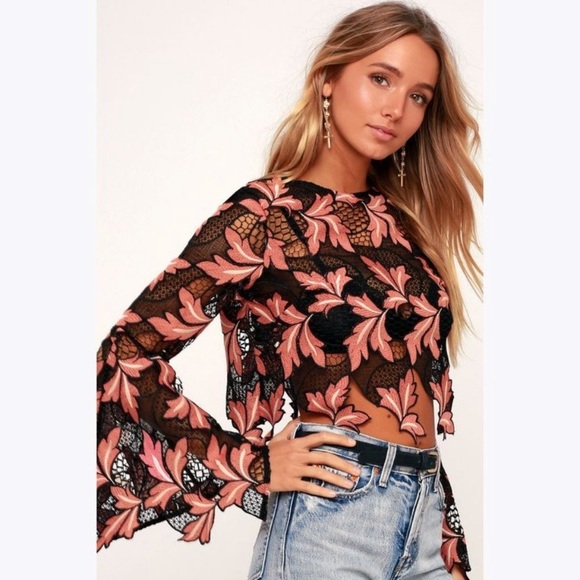 LULU’s Whisper In Your Ear Embroidered Bell Sleeve Crop Top Coral/Black M - Picture 5 of 7